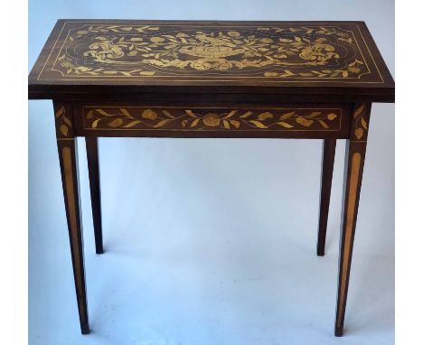 DUTCH CARD TABLE, 19th century rectangular mahogany and satinwood foliate marquetry with foldover baize lined top, 84cm x 42c