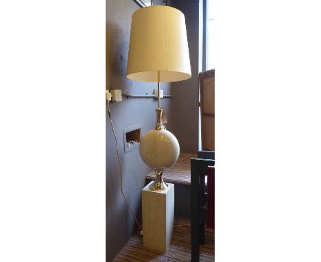 ATTRIBUTED TO PHILIPPE BARBIER FLOOR LAMP, vintage 1970's, travertine and polished brass, overall 176cm H including shade.