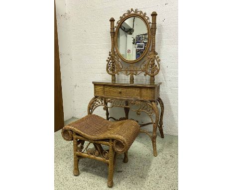 DRESSING TABLE AND STOOL, vintage 1970's bamboo and rattan, 165cm H x 80cm x 45cm. (2) (slight faults)