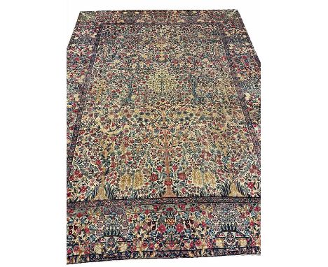 FINE ANTIQUE PERSIAN KIRMAN LAVER CARPET, 355cm x 265cm, millefleur design.