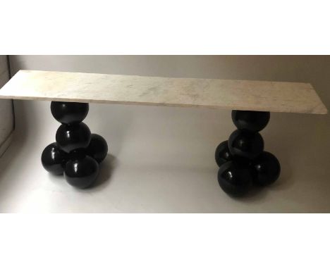 CONSOLE TABLE, contemporary variegated grey/white marble raised upon dual supports styled as stacking black balls, 207cm x 38