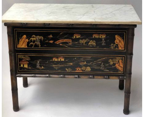 COMMODE, Chinoiserie decorated gilt black lacquered with two long drawers and faux bamboo moulding and Carrara marble top, 92