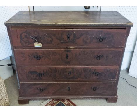 COMMODE, 19th century Swedish pine in an oxblood painted finish of four drawers with stencilled detail, 48cm x 96cm H x 113cm