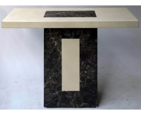 CONSOLE TABLE, rectangular laminated travertine with inset marble effect panels, 110cm x 40cm x 80cm H.