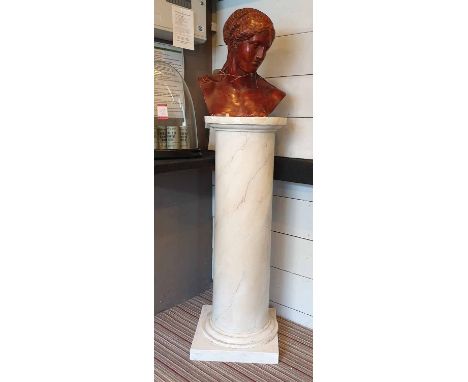 BUST OF A MAIDEN ON STAND, simulated terracotta, 53cm H x 43cm W, with painted pedestal, 122cm H x 45cm W. (2) (with faults)