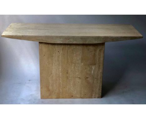 TRAVERTINE CONSOLE TABLE, 1970's rectangular with shaped frieze and square pillar support, 135cm x 73cm H x 45cm.