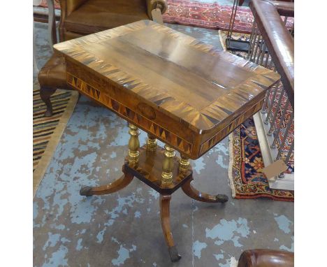 GAMES TABLE, Regency rosewood, specimen wood and parcel gilt with removable top enclosing leather backgammon lining above two