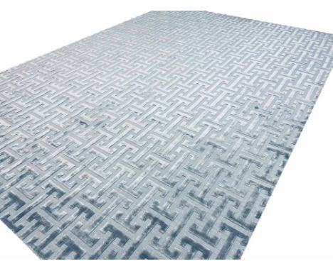 CONTEMPORARY ART DECO DESIGN SILK CARPET, 350cm x 250cm, geometric marine blue field.