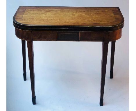 CARD TABLE, George III D shaped satinwood and tulipwood crossbanded with foldover baize top, 91cm x 45cm x 75cm H.