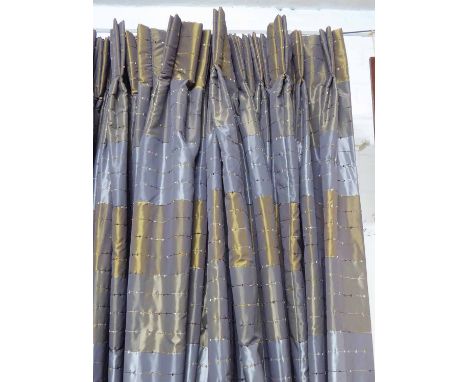 CURTAINS, a pair, contemporary silk design, lined and interlined, 275cm drop x 150cm gathered approx. (2) (slight faults)