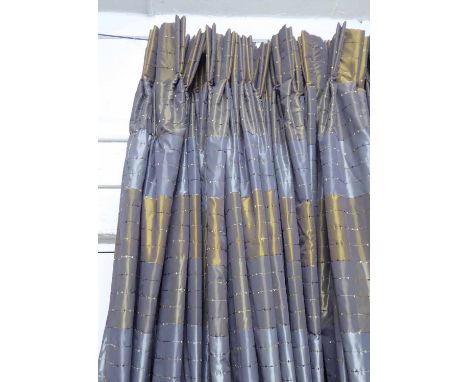CURTAINS, a pair, contemporary silk design, lined and interlined, 275cm drop x 115cm gathered approx. (2) (slight faults)