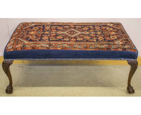 HEARTH STOOL, Georgian style mahogany with carpet and blue alcantara upholstery, 50cm H x 130c x 79cm.