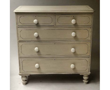 VICTORIAN PAINTED CHEST, grey painted pine and black lined with five drawers having ceramic knobs and turned feet, 97cm H x 9