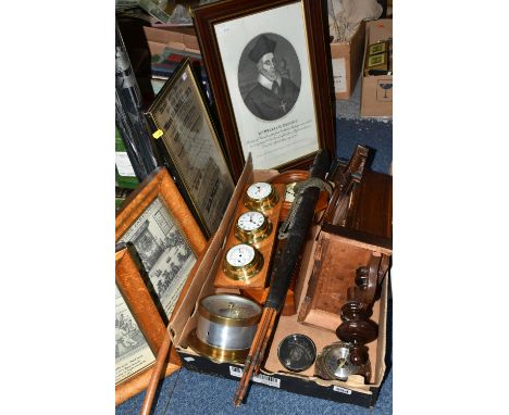 A BOX AND LOOSE OF WOODEN DECORATIVE ITEMS AND FRAMED PRINTS, to include an antique Junghan's wall clock, a printed playbill 