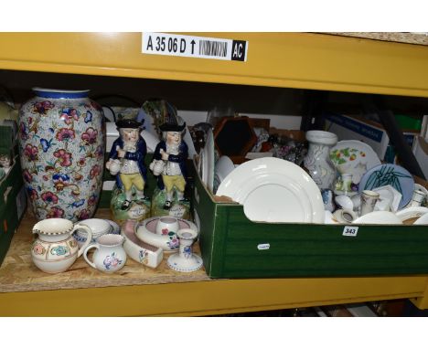 THREE BOXES AND LOOSE CERAMICS, to include two 19th century Staffordshire Pottery Toby jugs 'Hearty Good Fellow', a large Ori