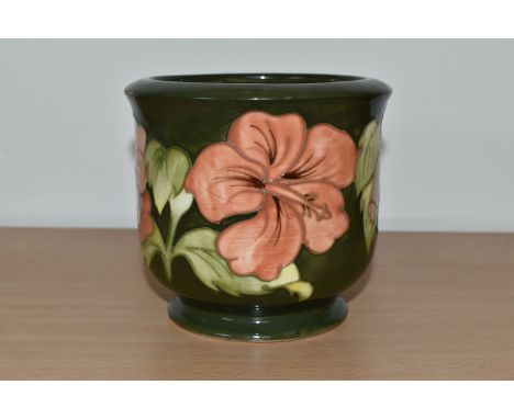 A MOORCROFT POTTERY PLANTER, in the Coral Hibiscus pattern on a green ground, height 12.5cm x internal diameter 10.5cm, impre