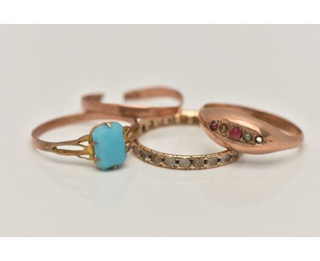 FOUR RINGS, to include an AF 9ct gold boat ring (missing stones), hallmarked 9ct Chester, ring size N 1/2, an AF split 9ct ro
