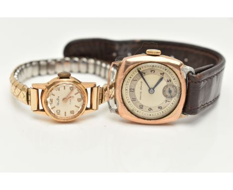 TWO WRISTWATCHES, the first a gents 9ct gold manual wind watch, round two tone dial signed 'Shock-Proof', Arabic numerals, su