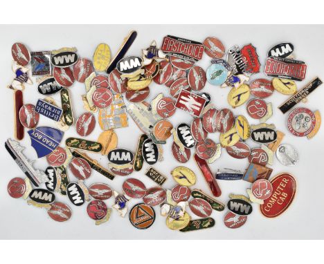 A BAG OF ASSORTED PIN BADGES, mainly enamel examples, to include vehicles, company badges etc.