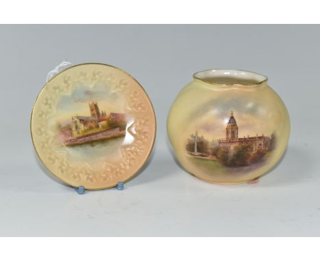A ROYAL WORCESTER POSY VASE AND PIN DISH, comprising an unsigned posy vase decorated with Birmingham Cathedral, shape No. G16