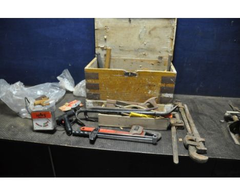 A DISTRESSED VICTORIAN GRAIN PAINTED PINE TOOLBOX CONTAINING TOOLS including a vintage Draper Torque wrench, an Exide car bat