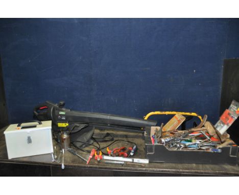 A TRAY AND A BOX CONTAINING TOOLS including a Snap On BGA173B pick, a Racing garden blower vac (PAT pass and working), Mole G