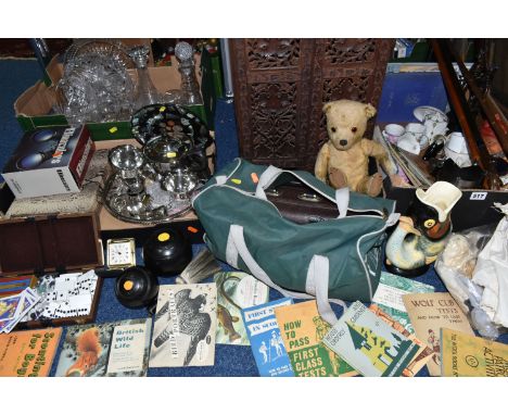 THREE BOXES AND LOOSE MISCELLANEOUS ITEMS to include a Royal Winton Gurgling Fish Vase, a much loved vintage straw filled ted
