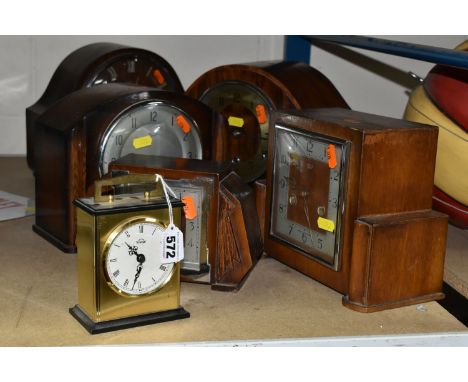 SIX CLOCKS, mainly wooden cased mantel clocks, first half/mid twentieth century, by Smiths, mainly, and others, together with