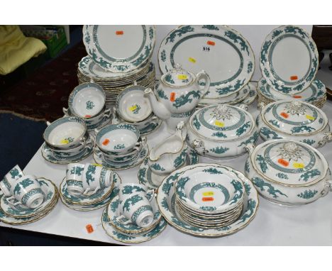 A SIXTY NINE PIECE BOOTHS 'GREEN DRAGON' DINNER SERVICE comprising three covered tureens, three graduated meat plates, a sauc