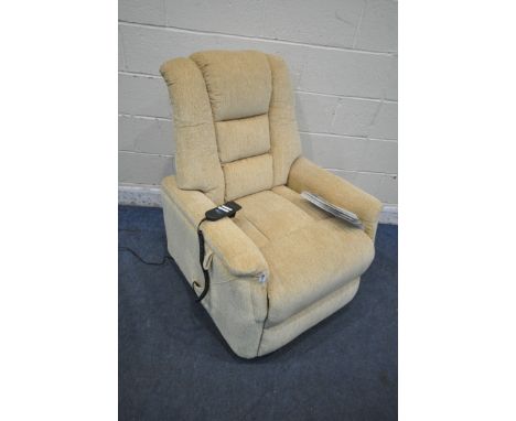 A CARECO YELLOW RISE AND RECLINE ARMCHAIR, width 78cm x depth 90cm x height 104cm (condition report: PAT pass and working, ge