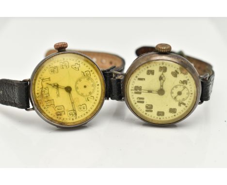 TWO EARLY 20TH CENTURY SILVER WRISTWATCHES, the first a manual wind watch, round white dial signed 'Waltham', Arabic numerals