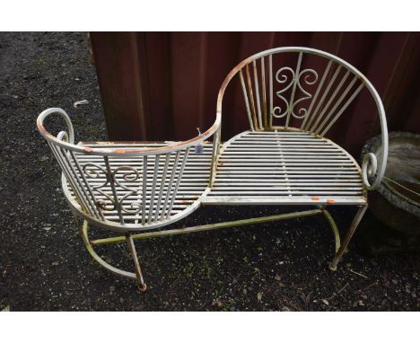 AN ALUMINIUM OPPOSING TWO SEATED LOVE BENCH, length 108cm (condition report: well rusted in places)