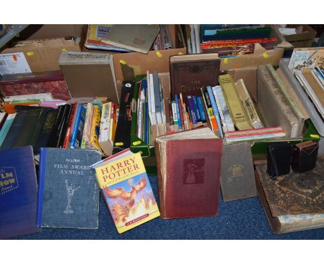 SIX BOXES OF BOOKS, over one hundred and twenty books, some antiquarian, to include an 1855 family Bible, two cased sets of l