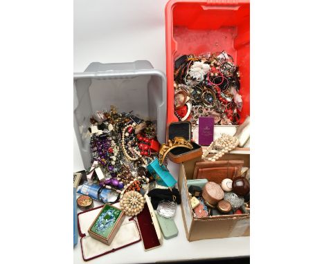 A LARGE ASSORTMENT OF COSTUME JEWELLERY, two boxes of assorted jewellery, to include, necklaces, bangles, earrings, ring and 