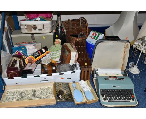 A BOX AND LOOSE BASKETS, TABLE LAMPS, TYPEWRITERS, VINTAGE TOILETRIES AND SUNDRY ITEMS, to include vintage Avon and Boots toi