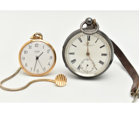 TWO OPEN FACE POCKET WATCHES, the first a silver key wound, open face pocket watch, round white dial signed 'Arthur Hamer, Pr