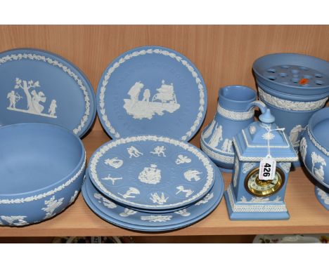 A COLLECTION OF WEDGWOOD BLUE JASPERWARE, comprising a commemorative cabinet plate 'Man On The Moon-Apollo Eleven July 20th 1