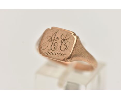 A 9CT GOLD GENTS SIGNET RING, square form with engraved monogram, to a polished band, hallmarked 9ct Chester, ring size Q, ap