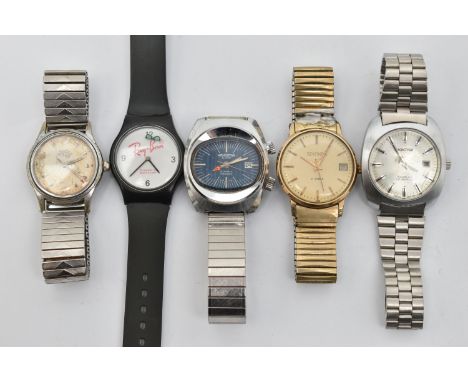 FIVE GENTS WRISTWATCHES, to include a stainless steel 'Memostar Alarm' fitted with a stretch link bracelet, a 'Roamer' Super-