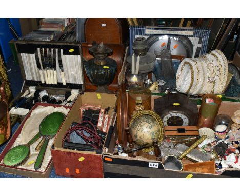 TWO BOXES AND LOOSE METALWARES, CASED CUTLERY, COSTUME DOLLS, DRESSING TABLE ITEMS, ETC, including a late Victorian oil lamp 