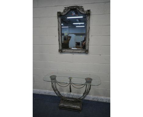 A TUBULAR METAL CONSOLE TABLE, with rope effect details and a glass top, width 130cm x depth 50cm x height 80cm, along with a