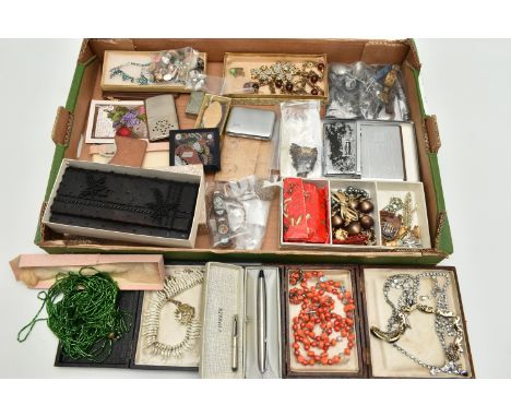 A BOX OF ASSORTED ITEMS, to include a silver hinged bamboo bangle, hallmarked Birmingham, a small silver heart locket pendant