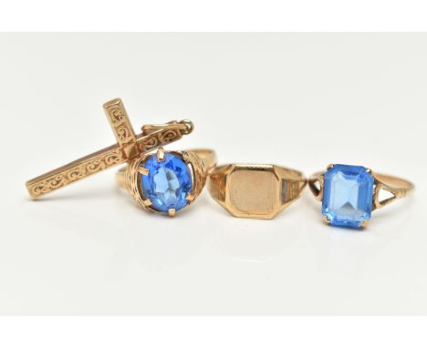 THREE RINGS AND A CROSS PENDANT, to include an AF 9ct gold signet ring, misshapen band, hallmarked 9ct Birmingham, a 9ct gold