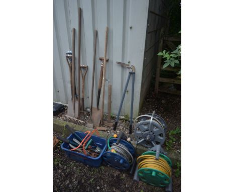 A SELECTION OF VINTAGE HAND TOOLS, to include three spades, rake, shears, etc, along with a tub of garden hand tools and thre