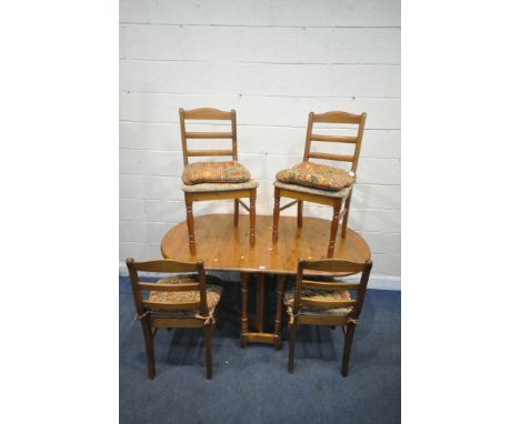 A MODERN PINE OVAL GATE LEG TABLE, open width 153cm x closed width 36cm x depth 84cm x height 75cm, along with four Ducal pin