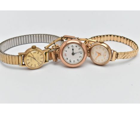 THREE LADIES WRISTWATCHES, to include a 9ct gold manual wind watch, missing crown, hallmarked 9ct London, fitted with a rolle