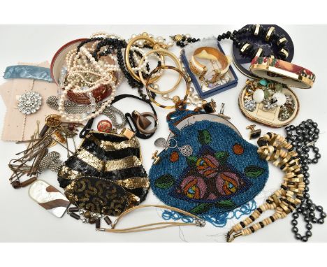 A BOX OF ASSORTED COSTUME JEWELLERY, to include a polished rolled gold bangle, beaded necklaces, imitation pearl necklaces, t