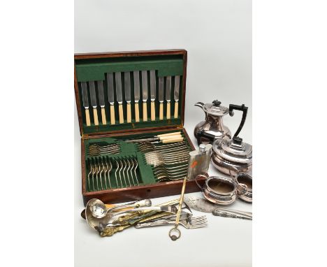 A BOX OF WHITE METAL WARE, to include a 'Garrard &amp; Co Ltd' Regent plate four piece tea set comprising of a teapot, coffee
