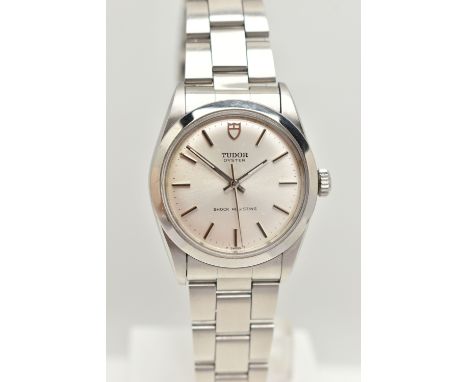 A BOXED TUDOR NON-DATE WRISTWATCH, silvered dial with baton markers, signed Tudor Oyster, shock resisting, screw down case ba