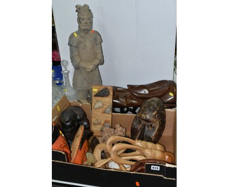A BOX AND LOOSE OF TRIBAL AND ORIENTAL TREEN, CERAMICS, CARVED STONE, ETC, including tribal masks, one with hair to beard are